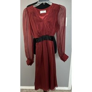Seraphine Luxe Maternity Dress Red Silk Black Sash Sheer Sleeve Midi US 4 EUC